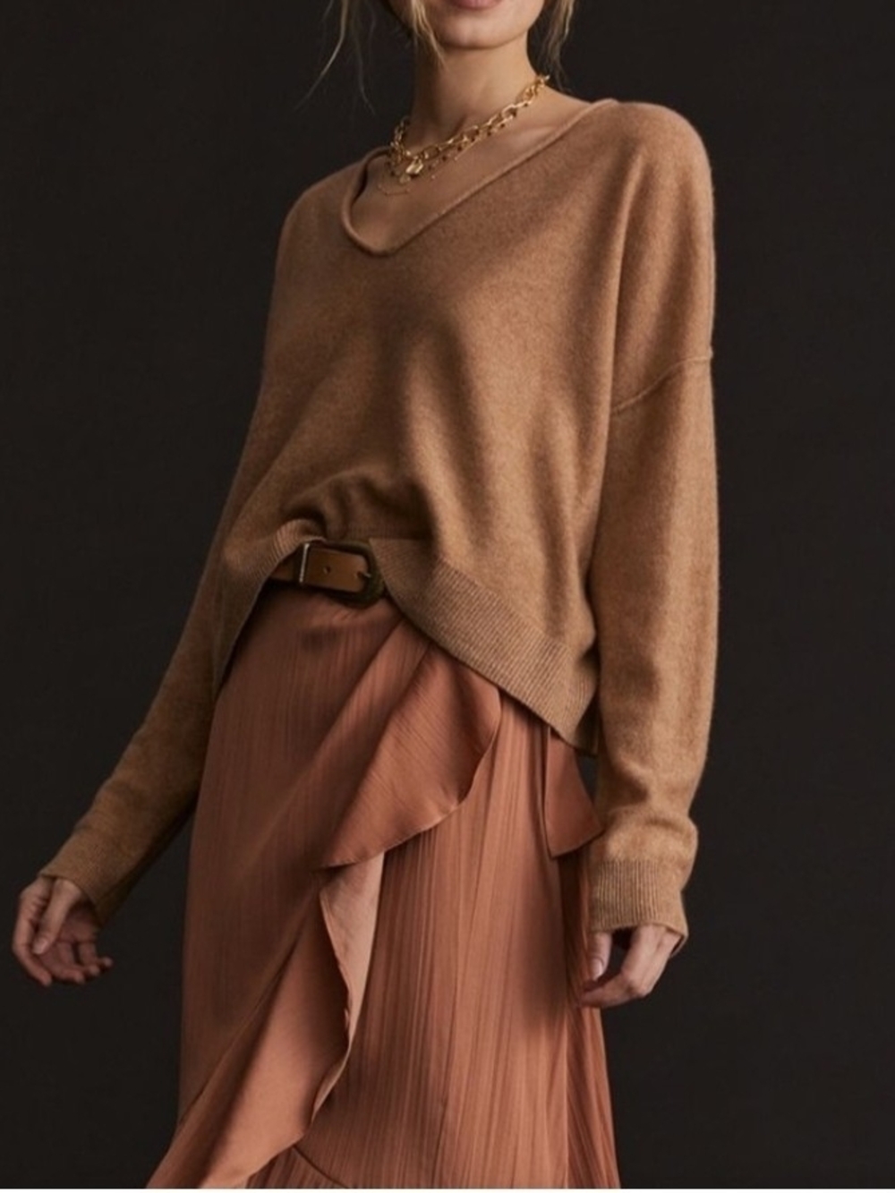 Anthropologie Relaxed V-Neck Sweater — Camel Brown